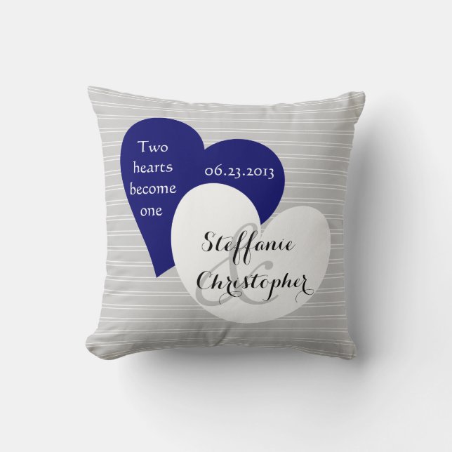 Custom Keepsake Wedding, Grey Pinstripe, Hearts Cushion (Front)