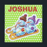 Custom Key Ring Christmas Snowman characters. Magnet<br><div class="desc">Custom Key Ring Christmas Snowman characters.
Custom Key Ring Christmas Snowman characters. 
You change the name - it’s so easy! A variety of snowman characters sledging,  skiing and skating. Look out for the matching set with musician snow characters drumming and fiddling too. Available on other gifts and products.</div>