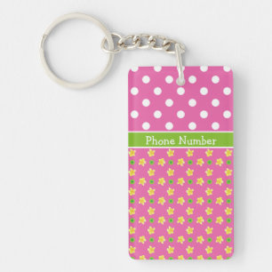 Custom Keychain: Primroses and Polkas on Deep Pink Key Ring