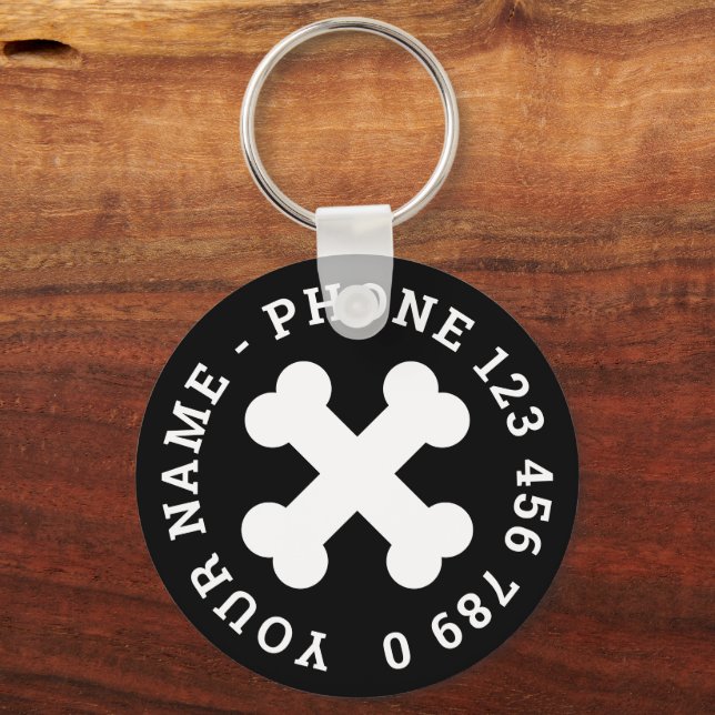 Custom keychain with crossbones, name and number (Front)