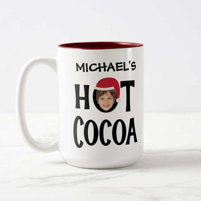 Custom Kid Face & Name Hot Cocoa Christmas Two-Tone Coffee Mug (Left)