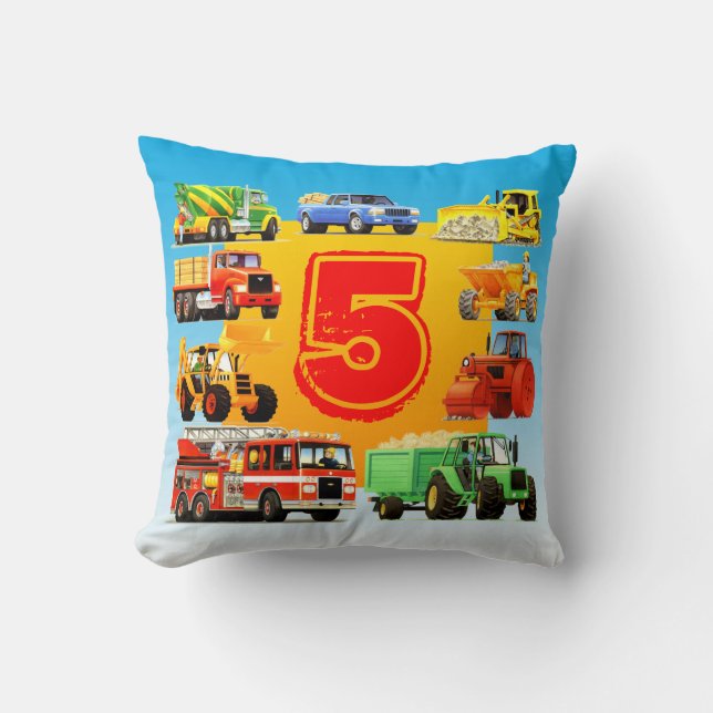 Custom Kids 5th Birthday Construction Trucks Cushion (Front)