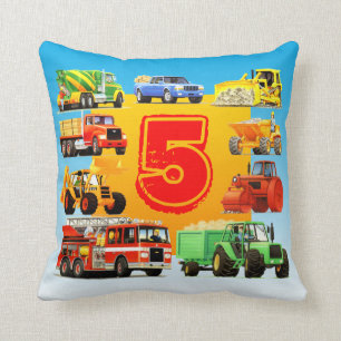 Custom Kids 5th Birthday Construction Trucks Cushion