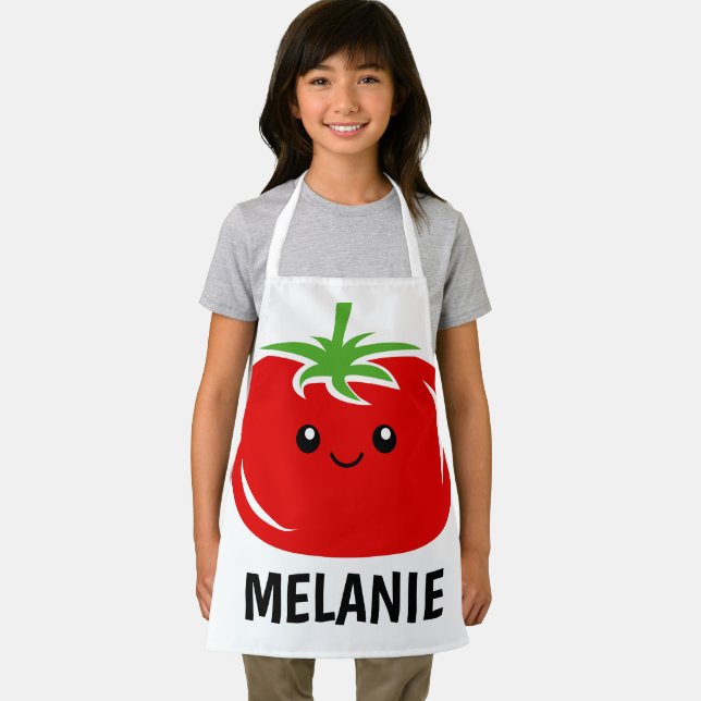 Custom kid's apron with cute red tomato cartoon (Insitu)