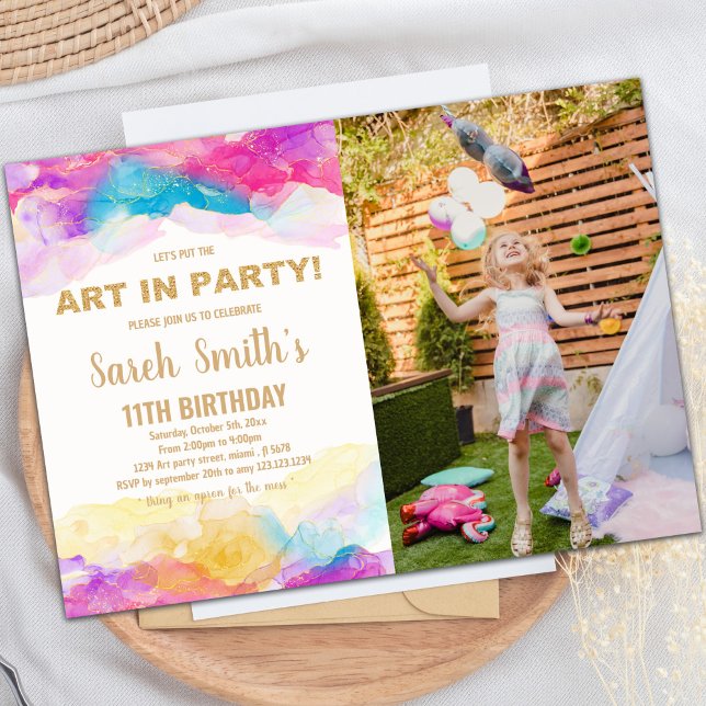 Custom Kids Art Party Invite (Purple Paint Birthday Invitations with photo)