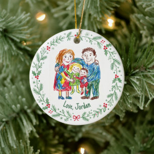Custom Kids Artwork Holly Wreath Christmas Ceramic Tree Decoration