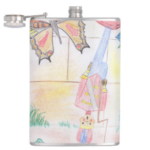 Custom Kids Artwork, Nutcracker toy, butterfly,  Hip Flask