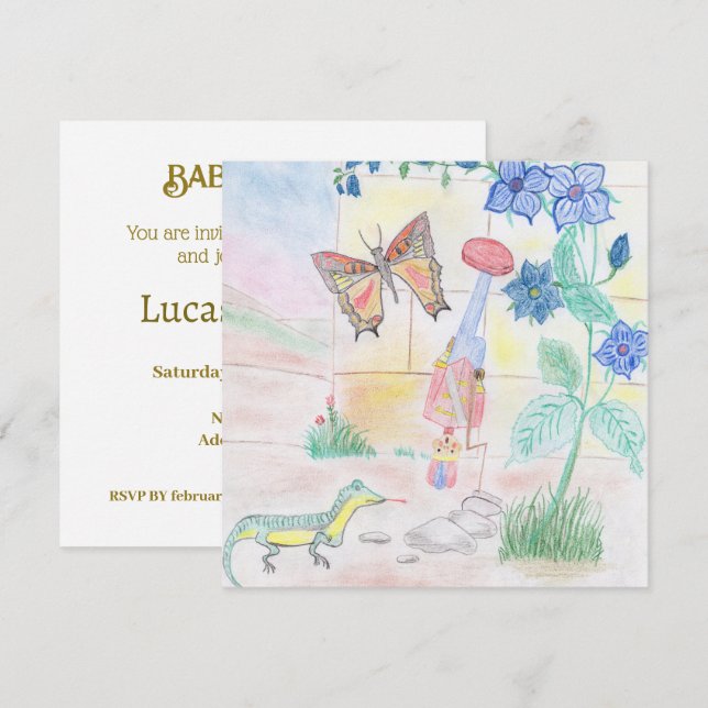 Custom Kids Artwork, Nutcracker toy, butterfly,  Invitation (Front/Back)