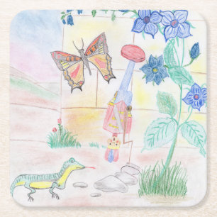 Custom Kids Artwork, Nutcracker toy, butterfly,  Square Paper Coaster