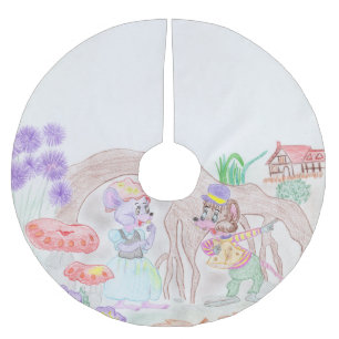 Custom Kids Artwork, two cute mouse, flowers.... Brushed Polyester Tree Skirt