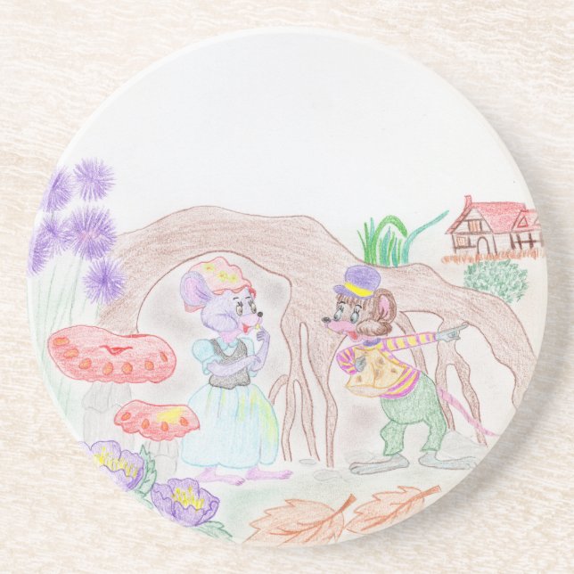 Custom Kids Artwork, two cute mouse, flowers.... Coaster (Front)