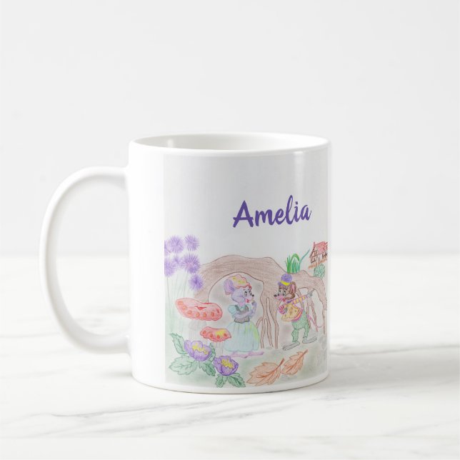 Custom Kids Artwork, two cute mouse, flowers.... Coffee Mug (Left)
