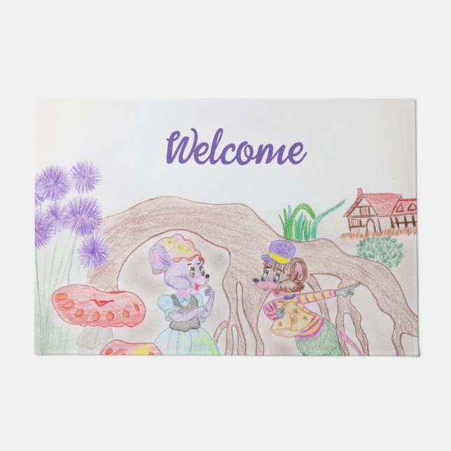 Custom Kids Artwork, two cute mouse, flowers.... Doormat (Front)