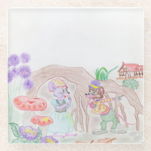 Custom Kids Artwork, two cute mouse, flowers.... Glass Coaster