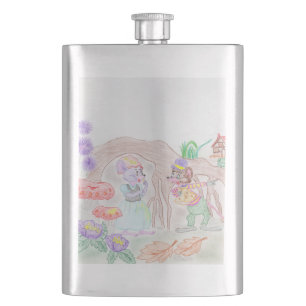 Custom Kids Artwork, two cute mouse, flowers.... Hip Flask
