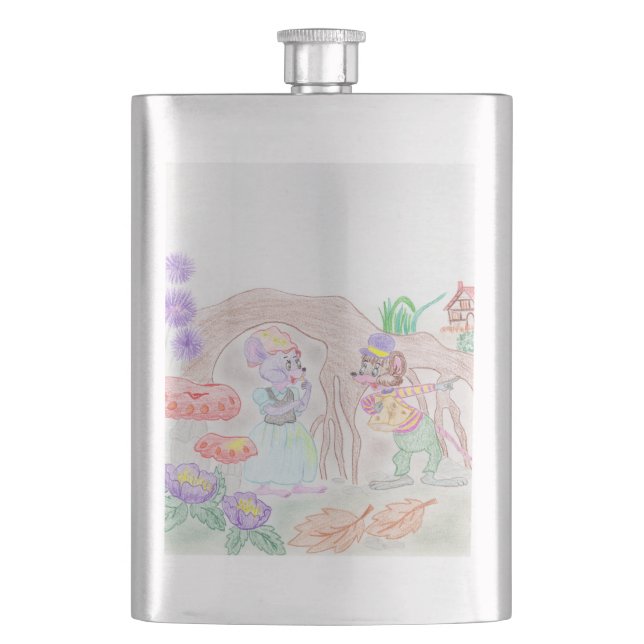 Custom Kids Artwork, two cute mouse, flowers.... Hip Flask (Front)
