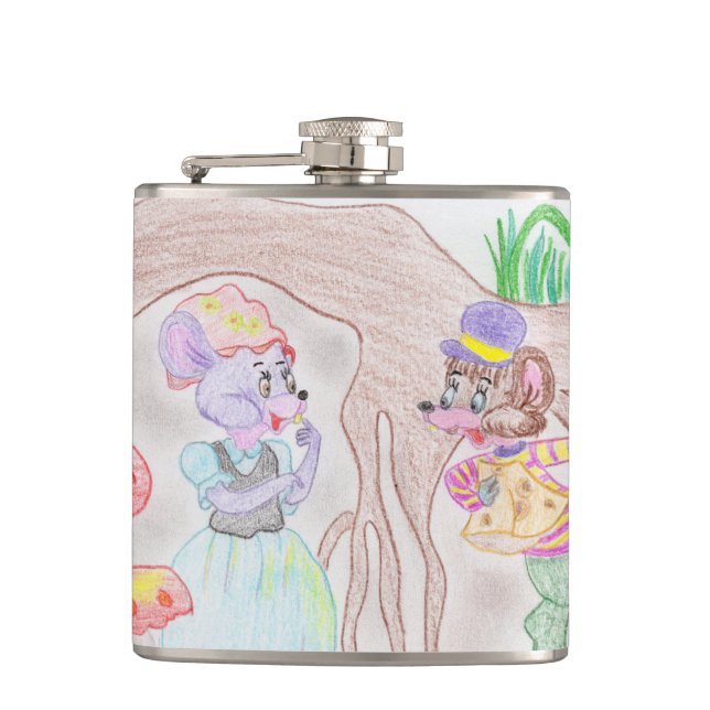 Custom Kids Artwork, two cute mouse, flowers.... Hip Flask (Front)
