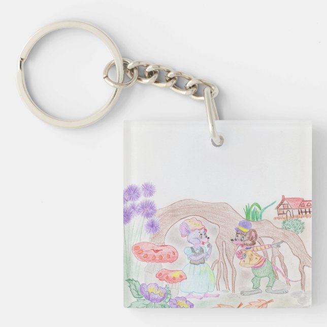 Custom Kids Artwork, two cute mouse, flowers.... Key Ring (Front)