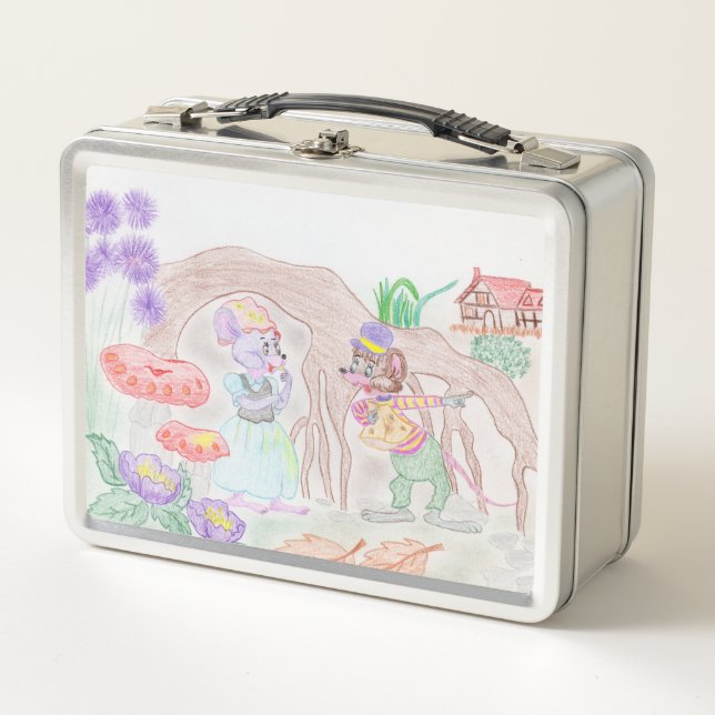 Custom Kids Artwork, two cute mouse, flowers.... Metal Lunch Box (Front)
