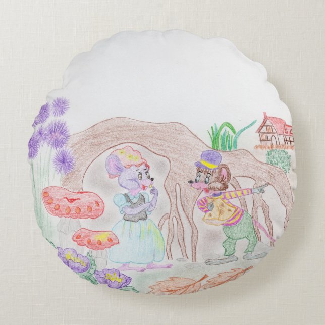 Custom Kids Artwork, two cute mouse, flowers.... Round Cushion (Front)