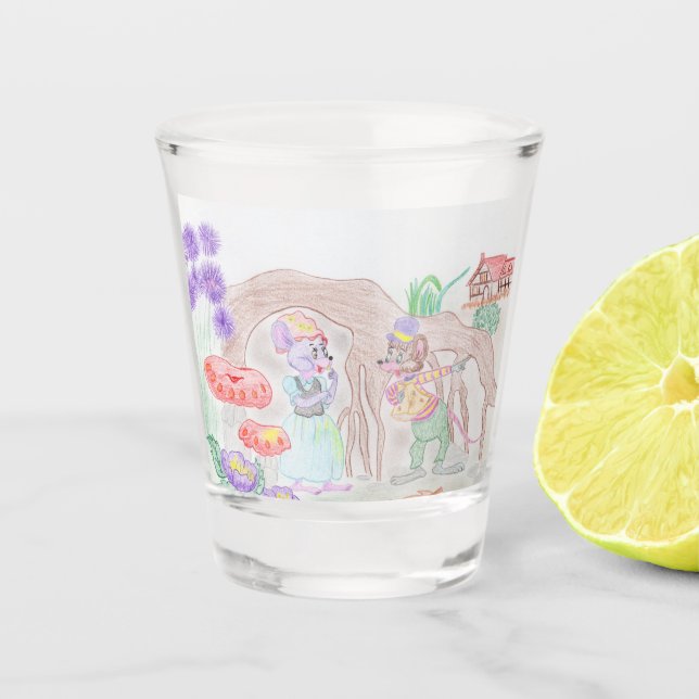 Custom Kids Artwork, two cute mouse, flowers.... Shot Glass (Front)