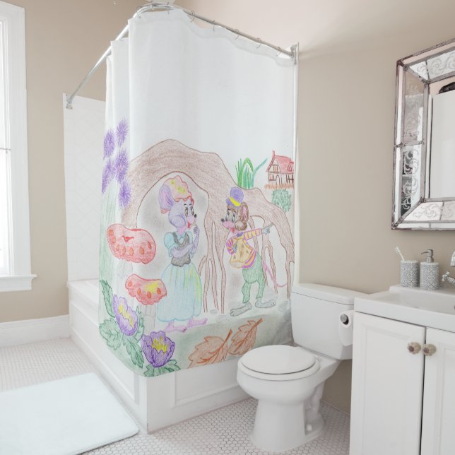 Custom Kids Artwork, two cute mouse, flowers.... Shower Curtain (In Situ)