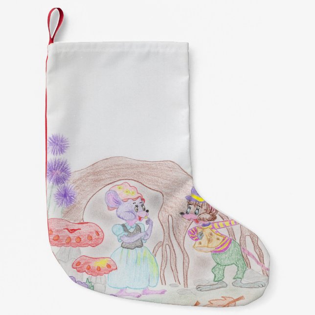 Custom Kids Artwork, two cute mouse, flowers.... Small Christmas Stocking (Front)
