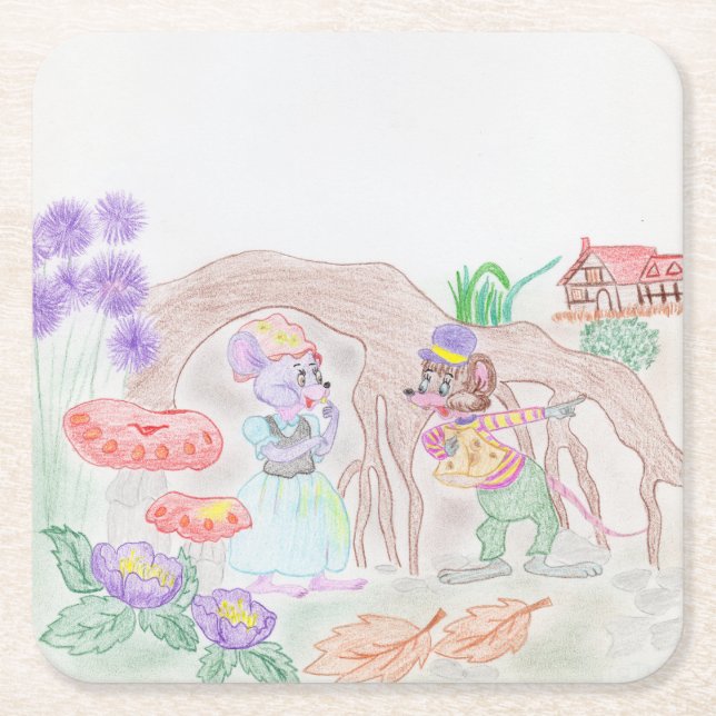 Custom Kids Artwork, two cute mouse, flowers.... Square Paper Coaster (Front)