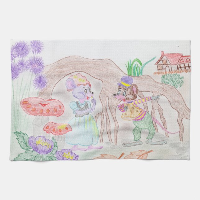 Custom Kids Artwork, two cute mouse, flowers.... Tea Towel (Horizontal)