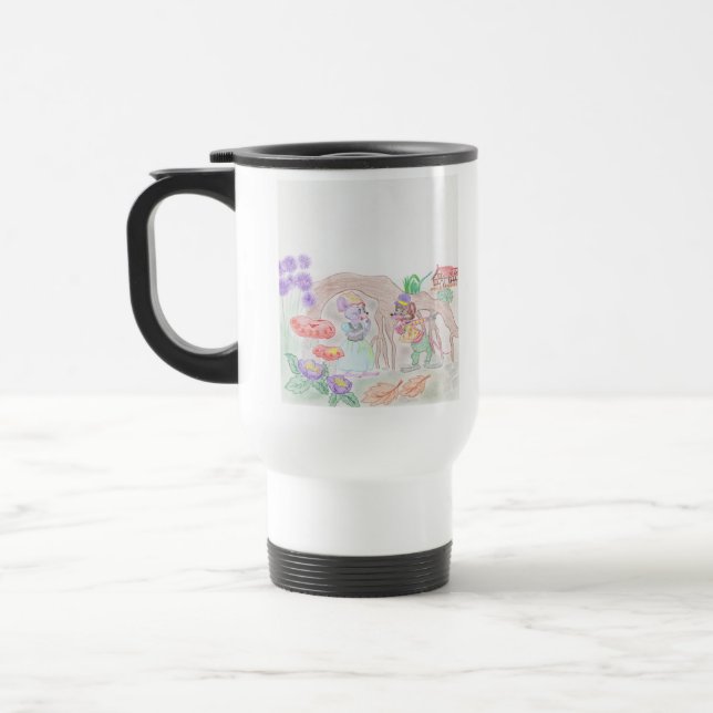 Custom Kids Artwork, two cute mouse, flowers.... Travel Mug (Left)