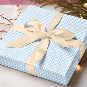Custom Kids Baby Boy Blue White Checker Gold Text  Wrapping Paper