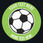Custom kids Birthday party favour soccer ball spor Classic Round Sticker<br><div class="desc">Custom kids Birthday party favour soccer ball sport logo stickers or envelope seals. Personalised accessories for boy or girl Birthday party celebration. Add your own name, funny quote or saying, slogan etc. Cute sporty template design for coach and players. Green or custom colour background. Also handy for gift wrapping during...</div>