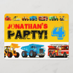 Custom Kids Construction Trucks 4th Birthday Party Invitation