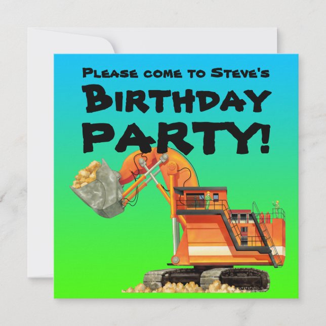 Custom Kids Excavator Construction Party Invitation (Front)