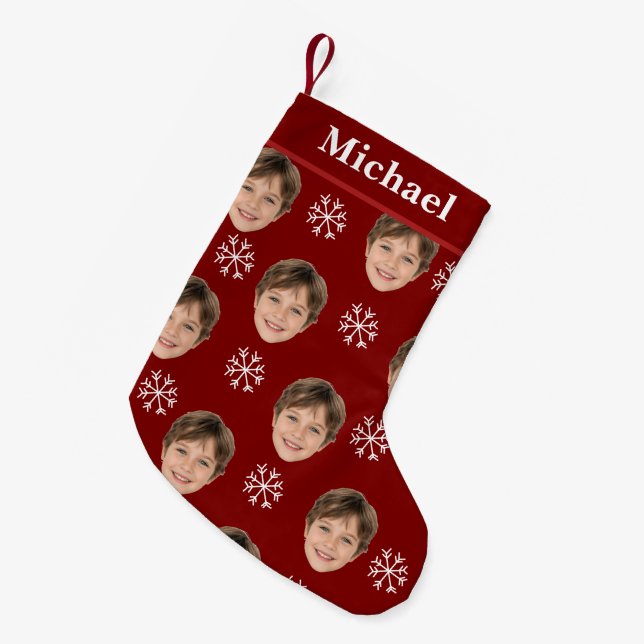 Custom Kids Face & Name Red Snowflake Small Christmas Stocking (Front (Hanging))