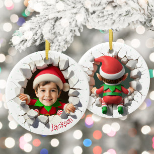 Custom Kids Face Photo Funny Christmas Elf Name Ceramic Tree Decoration