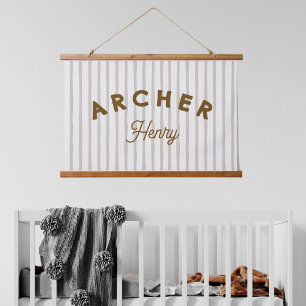 Custom Kids Name Banner Brown Striped Nursery Hanging Tapestry