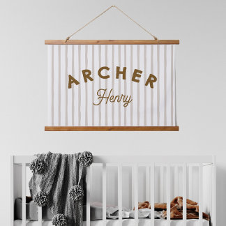 Custom Kids Name Banner Brown Striped Nursery Hanging Tapestry