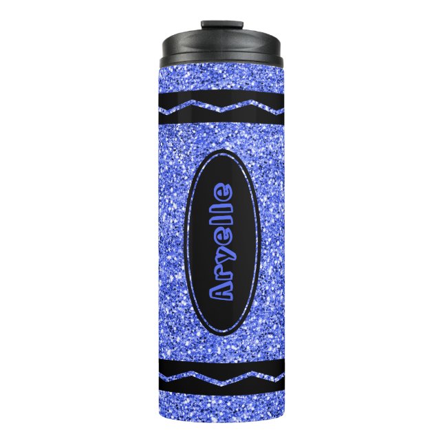 Custom Kids Name Blue Glitter Crayon Drink Tumbler (Front)