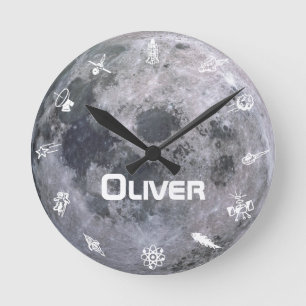 Custom Kids Name Moon Space Astronaut Round Clock