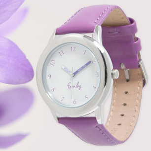 Custom Kids Name Steel Purple Leather Girls Watch