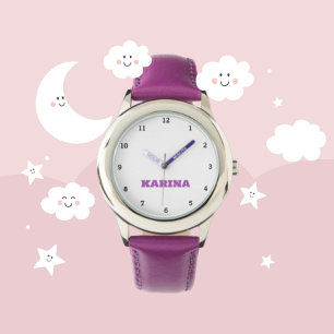 Custom Kids Name Steel Purple Leather Girls Watch