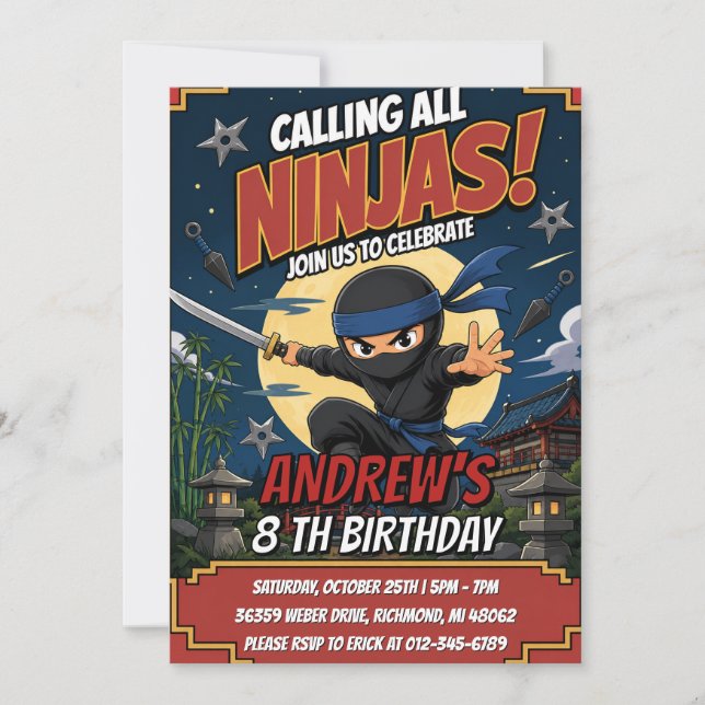 Custom Kids Ninja Birthday Warrior  Invitation (Front)