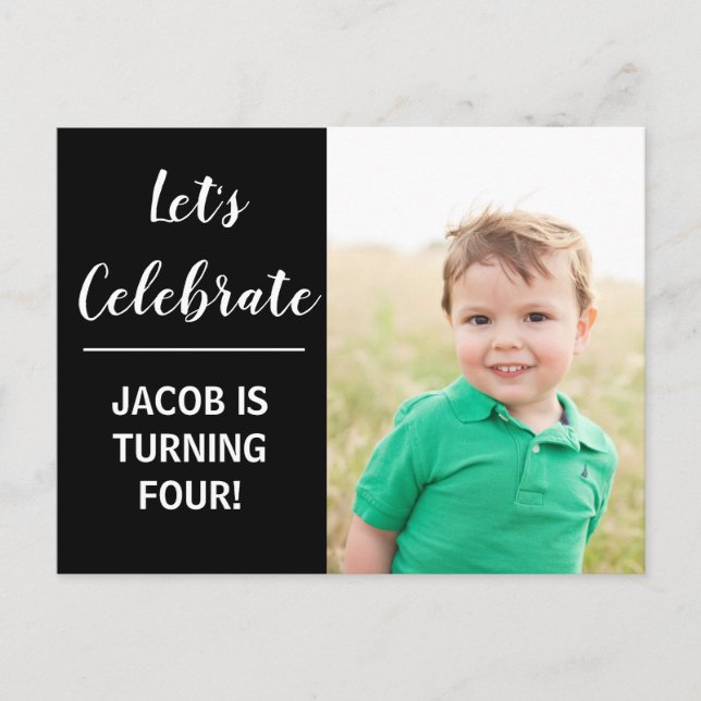 Custom Kids Photo Birthday Party Black Minimalist Invitation Postcard (Front)