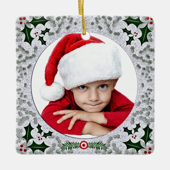 Custom Kids Photo Vintage Holly Square Frame Ceramic Ornament (Front)
