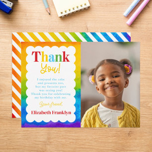 Custom Kids Rainbow Watercolor Photo Thank You Card