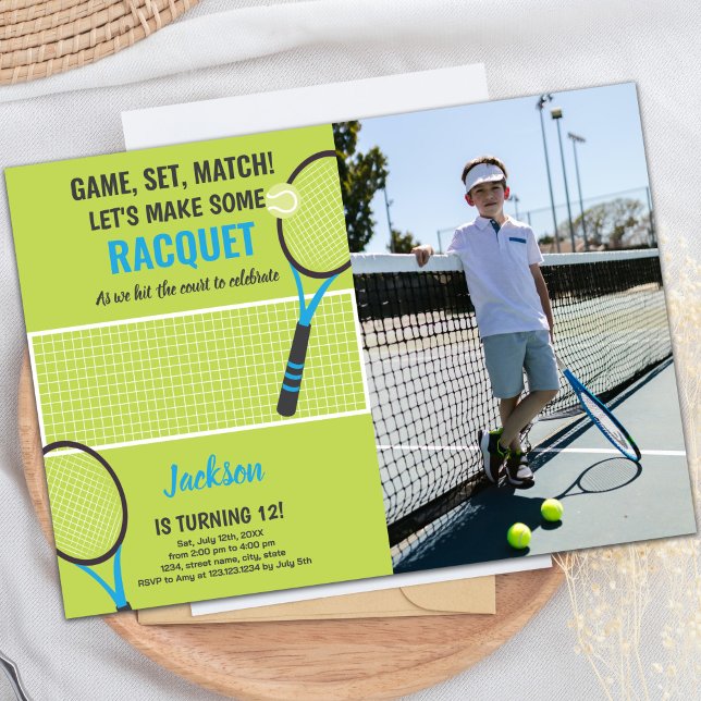 Custom Kids Sports Party Invite (Green Blue Tennis Birthday Invitations w photo)