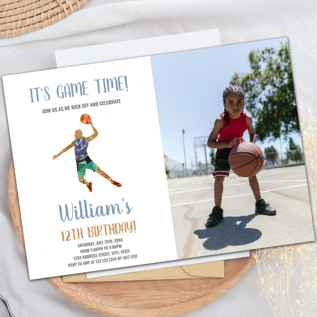 Custom Kids Sports Party Invite (Basketball Black Orange Invitations with photo)