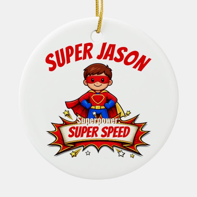 Custom Kids Superhero Name Ceramic Tree Decoration (Front)