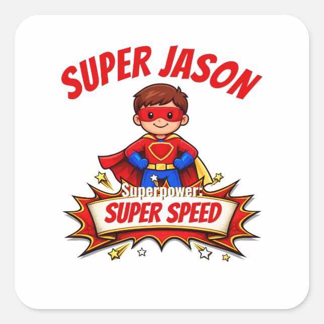 Custom Kids Superhero Name & Superpower Square Sticker (Front)